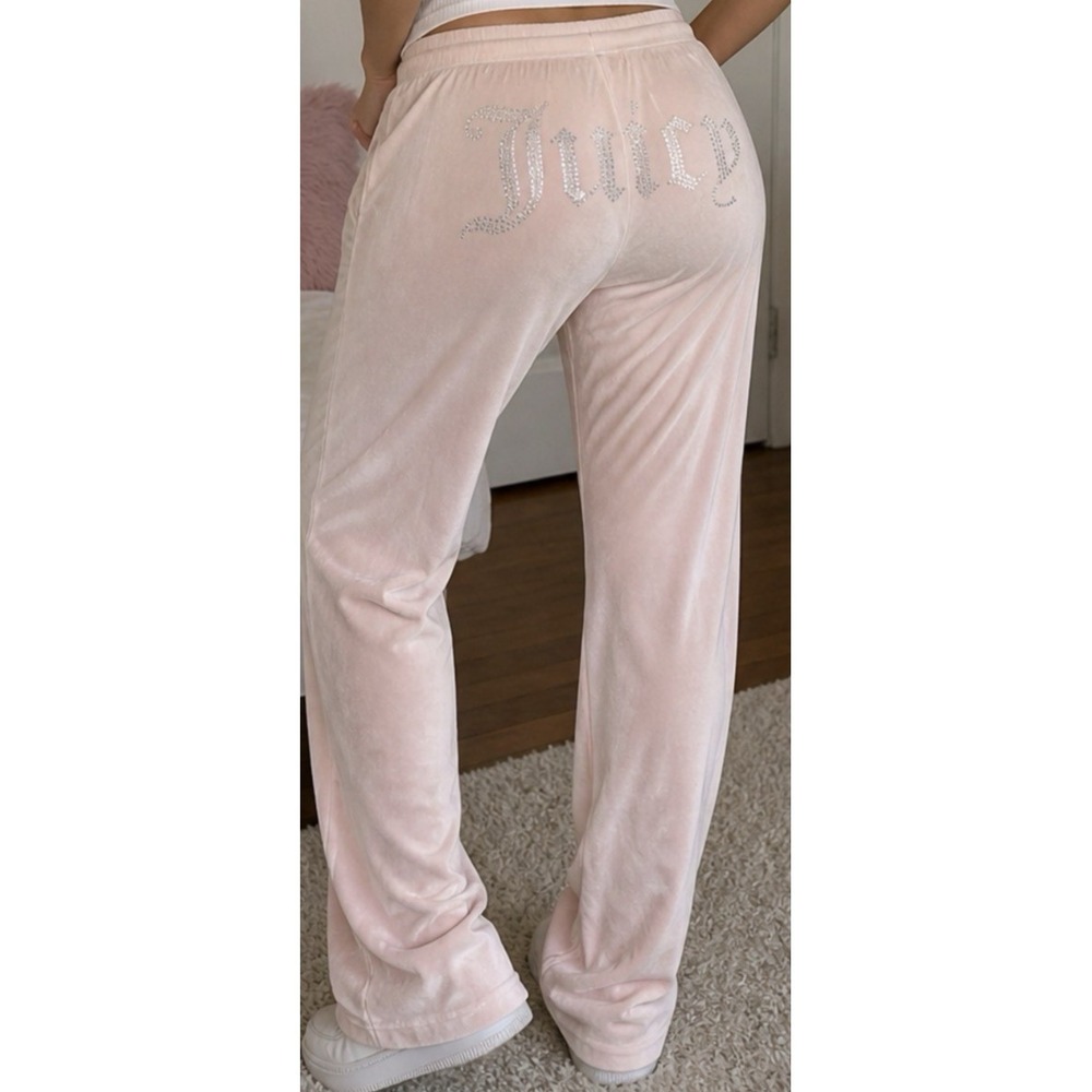 Y2K Juicy Couture Rhinestone Bling Velour Track Pants Size M Light Pink Logo